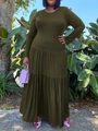 Abito a pieghe taglie forti a maniche lunghe verde scuro con gonna a più livelli - 3XL / Verde