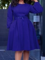 Detail of elegant royal blue dress with pleated A-line skirt and matching buckled waist belt - Blue
