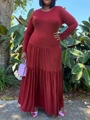 Plus size wine red long sleeve tiered maxi dress with crew neck and pleated design - Red