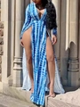 Blauw-witte tie-dye maxi-jurk met diepe V-hals en hoge zijsplit voor de zomer mode - 1XL / Blauw