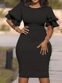 Detail of layered ruffle sleeves and slim bodycon fit on a classic black dress - 3XL / Black