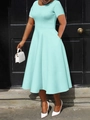 Detail view of light blue A-line dress featuring side pockets and a round neckline - Emerald Green