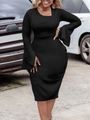 Detail of a black midi dress featuring elegant bell sleeves and a unique square neckline - 1XL / Black