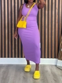 Detail of purple sleeveless knit dress paired with yellow designer logo accessories - 1XL / Purple