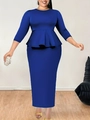 Elegant royal blue plus size two-piece dress set with ruffled hem top and pencil skirt - Royal Blue