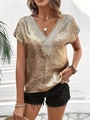 Camicetta in raso dorato da donna con scollo a V in pizzo e maniche corte eleganti - S / Oro