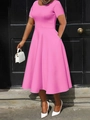 Elegant bright pink short sleeve A-line midi dress with side pockets for women - 3XL / Rose Red