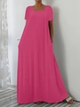 Short sleeve rose red maxi dress with square neck and a-line skirt and side pockets - S / Rose Red