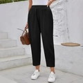 Pantalón casual negro de mujer con cintura alta elástica y corte holgado recortado - 1XL / Negro