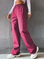 Women's casual high-waisted cargo pants with flap pockets in magenta with elastic waist - S / Rose Red