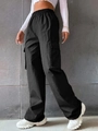 Women's high waist black cargo pants with elastic waist and large flap side pockets - S / Black