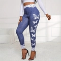 Damen Leggings im Blue-Denim-Stil mit weißen Schmetterlings- und Spitzen-Prints - S / Blau