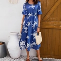 Navy blue short sleeve floral dress with elastic waist and ruffled sleeves in A-line style - S / Blue