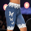 Pantaloncini da yoga stampa denim blu con farfalle e bordi in pizzo bianco eleganti - S / Blu