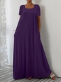 Summer purple maxi dress with square neckline and short sleeves in a loose A-line silhouette - Purple
