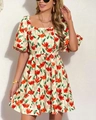 Gelbes Sommerkleid für Damen mit rotem Tulpendruck, Karree-Ausschnitt und Puffärmeln - S / Rot