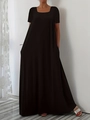 Women's minimalist black short sleeve maxi dress with round neck and side pockets - S / Black