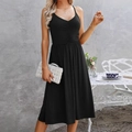 Elegant black V-neck backless midi dress with pleated bust for a slim summer silhouette - S / Black