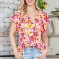 Dames blouse met rode bloemenprint, V-hals, ruches aan de mouwen en verstelbaar trekkoord - S / Rood