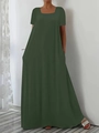 Olive green casual maxi dress with short sleeves and pockets in minimalist style - 1XL / Army Green