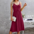 Women's wine red V-neck sleeveless dress with high waist A-line silhouette and pleats - S / Burgundy