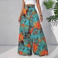 Damen Weite Hose mit tropischem Palmenmuster in Blaugrün und Orange mit hoher Taille - S / Blau