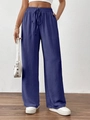 Women's wide leg casual trousers in navy blue with elastic drawstring high waist - Navy Blue