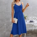 Elegant royal blue V-neck midi dress with ruched bodice and thin spaghetti straps - S / Blue
