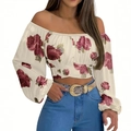 Schulterfreies Crop-Top in Naturweiß mit großen roten Rosen und langen Laternenärmeln - S / Weiß