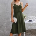 Elegant dark green V-neck sundress with a cinched waist and pleated bust detail - S / Army Green