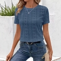 Slim fit women's round neck T-shirt in grey-blue with intricate hollow lace texture - S / Navy Blue