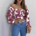 Schulterfreies Crop-Top mit rosa Paisley-Muster und Laternenärmeln für Damen - S / Fuchsia