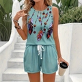 Dames zomerset 2-delig met verenprint, mouwloze top en short in licht meerblauw - 1XL / Hemelsblauw