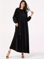 Elegant plus size black velvet maxi dress with long sleeves and pleated waist design - S / Black