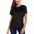 T-shirt nera da donna in velluto a maniche corte con girocollo e texture increspata - S / Nero