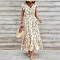 Short sleeve V-neck floral dress in light green chiffon with layered ruffle skirt - S / Light Green