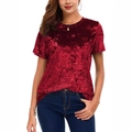 Top a maniche corte da donna in velluto rosso scuro con finitura testurizzata e lucida - S / Borgogna