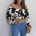 Top corto con stampa floreale a spalle scoperte e maniche lunghe a sbuffo - Nero+Bianco