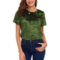T-shirt da donna a maniche corte con girocollo in elegante velluto stropicciato verde scuro - S / Verde Militare