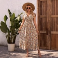 Floral V-neck summer maxi dress with ruffle sleeves and waist tie in pink and yellow - S / Khaki