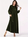 Elegant emerald green velvet long sleeve maxi dress with pleated waist and crew neck - S / Army Green