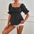 Damen Polka-Dot-Bluse in Schwarz mit Puffärmeln, eckigem Ausschnitt und Babydoll-Stil - 1XL / Schwarz