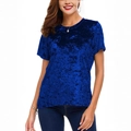 T-shirt slim fit da donna in velluto dorato blu scuro con scollo rotondo e maniche corte - S / Blu