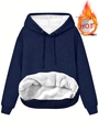Women's dark blue thick hooded sweatshirt with warm white fleece lining and drawstring hood - S / Navy Blue
