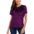 T-shirt femme en velours violet profond à col rond et manches courtes soyeux - Violet