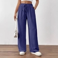 Women's wide leg casual pants in navy blue with elastic drawstring waist and side pockets - Navy Blue