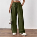 Women's plus size high waisted wide leg olive green casual trousers with drawstring - Army Green