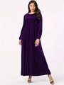 Elegant deep purple long sleeve velvet maxi dress with a round neck and gathered waistline - S / Purple