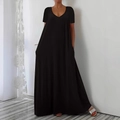 Women's black V-neck short sleeve maxi dress in a loose fit with a side pocket design - 1XL / Black
