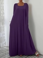 Deep purple long sleeve maxi dress with round neck and comfortable loose fit silhouette - S / Purple